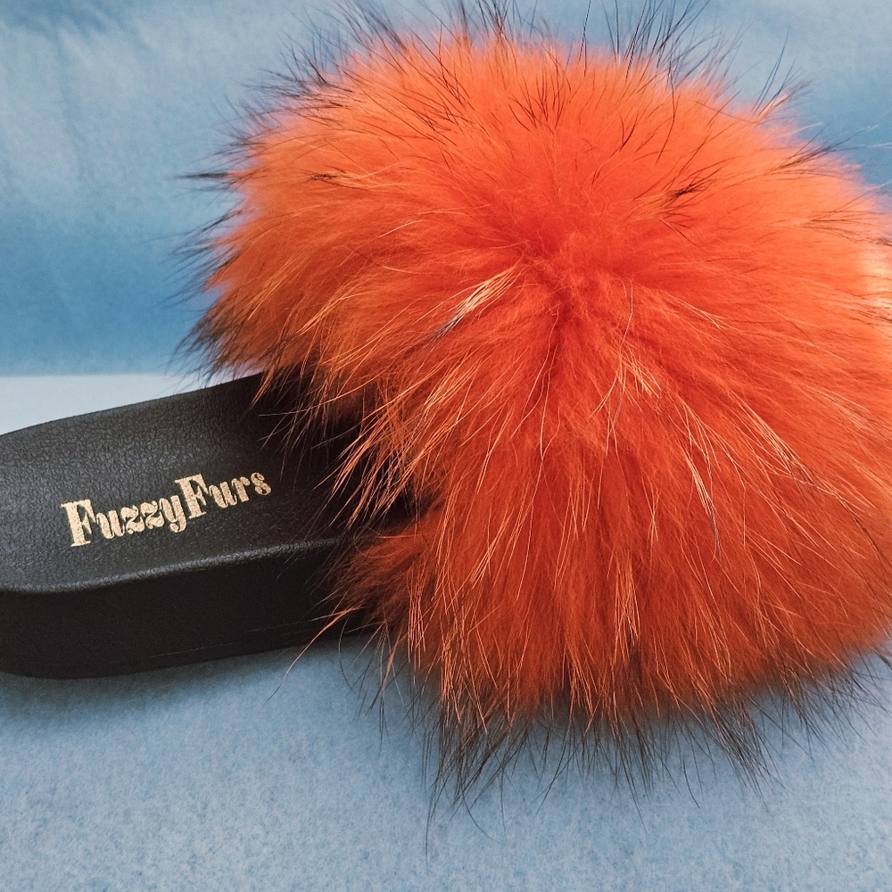 NWOT Orange Dream Genuine Fuzzy Fur Collar Open-Toe Slipper Slides W's Sz 7